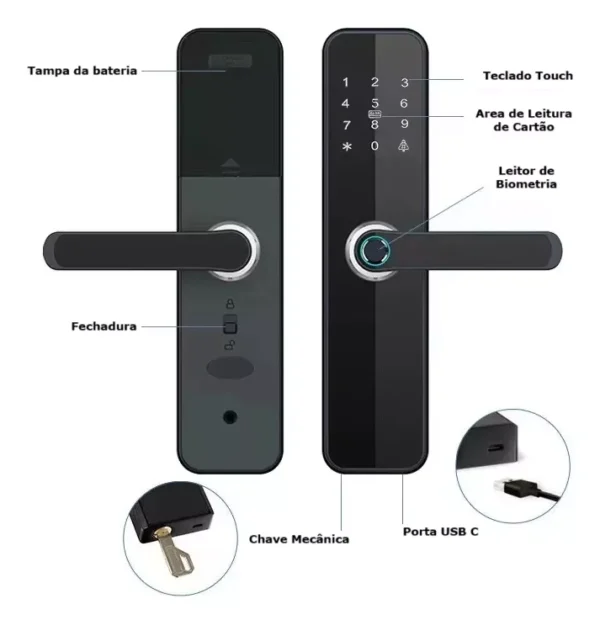 Fechadura Eletrônica Digital Com Biometria Senha Wi-fi Chave - Imagem 5