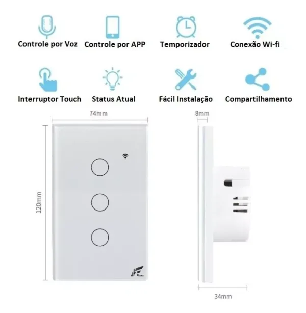 Interruptor Inteligente Wi-fi + Rf 3 Botões Touch Tuya Alexa - Imagem 4