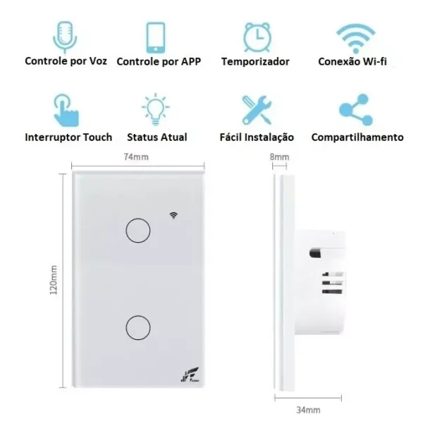 Interruptor Inteligente Wi-fi + Rf 2 Botões Touch Tuya Alexa - Imagem 3